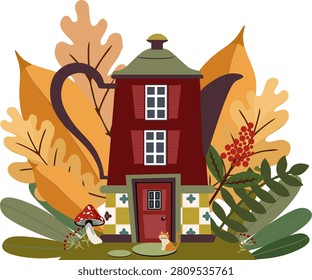 flat vector illustration featuring a whimsical burgundy teapot-shaped house nestled among large yellow autumn leaves. A cute ginger cat sits near the front door, accompanied by a small fly agaric mushroom, red berries, and green foliage