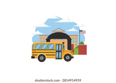 A flat vector illustration featuring a yellow school bus parked in front of a school building with an American flag, set against a blue sky with clouds.