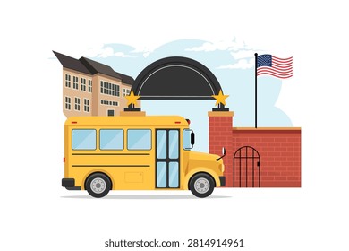 A flat vector illustration featuring a yellow school bus parked in front of a brick school building entrance with an American flag flying in the background.