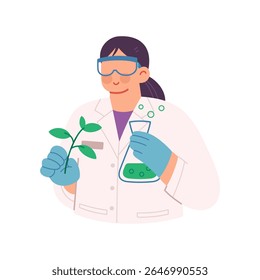 Flat vector illustration of a female agricultural scientist conducting plant seed research in a laboratory. Wearing goggles, gloves, and holding a test tube. Isolated on white background