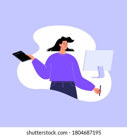 Flat vector illustration of a female artist with a drawing tablet. A woman wearing purple clothes holding a graphic tablet and a pen looking on a monitor cropped in a cloud form