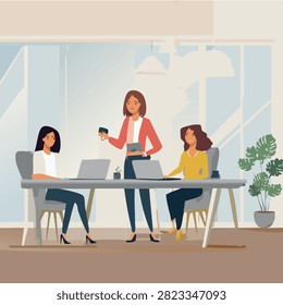 Flat vector illustration of a female business team collaborating in a modern office workspace. Corporate meeting scene with laptops, smartphone, tablet, teamwork, communication, remote work, project management, startup office, and business collaboration concept.