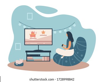 Flat vector illustration of female character sitting on bean bag and playing video game staying safe at home with cat