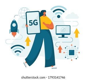 Ilustración vectorial plana de un personaje femenino utilizando estándares de telecomunicaciones de quinta generación con dispositivos móviles, smartphones, computadoras. Conexión de alta velocidad a Internet con red 5g.