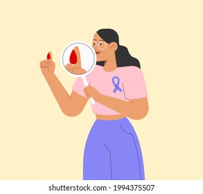 Ilustración vectorial plana con hembra comprobando el nivel de azúcar en la sangre o para analizar la sangre. Concepto de análisis de laboratorio.