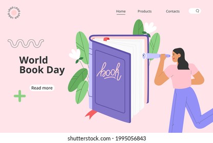 Flat vector illustration with female character looking through the spyglass. Concept of reading people. Book market, Online reading, Literacy day, World Book and Copyright Day.