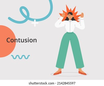 Ilustración vectorial plana con carácter femenino que experimenta ansiedad, dolores de cabeza, depresión, ataque de pánico o problemas emocionales. Lesiones o contusiones cerebrales.