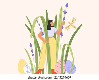 Flat vector illustration with female character celebrating Easter. Concept of Easter greeting card with colorful spring beckgraund.