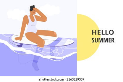 Flat vector illustration with female character surfing in the sea or ocean. Summer vacation banner on a tropical island. Concept of a vacation at a seaside resort. 