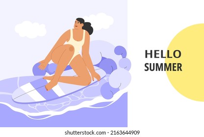 Flache Vektorgrafik mit weiblichem Charakter beim Surfen im Meer oder Ozean. Sommerferien-Banner-Konzept auf einer tropischen Insel oder Seebadeort.