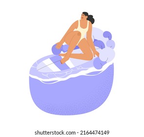 Flat vector illustration with female character surfing in the sea or ocean. Summer vacation banner concept on a tropical island or seaside resort.