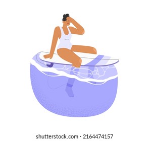 Flat vector illustration with female character surfing in the sea or ocean. Summer vacation banner on a tropical island. Concept of a vacation at a seaside resort. 