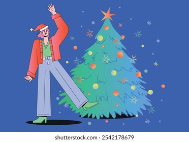 Flat vector illustration. Female character in festive outfit waves joyfully near decorated Christmas tree. Bright colors and cheerful expression convey holiday spirit and celebration.