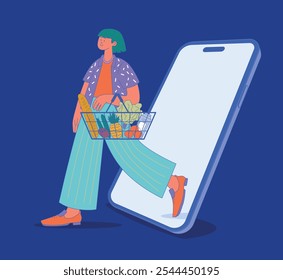 Flat Vector Illustration Female Character with green hair in Casual Clothes holding Grocery Basket walking through Smartphone Screen Isolated. Digital shopping concept in blue and orange color scheme.