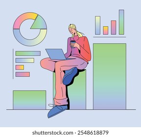 Flat, vector illustration of a female character using a laptop surrounded by business data and graphs. The character is focused on analyzing visual data while sipping coffee. Isolated design.