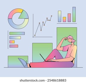 Flat, vector illustration of a female character analyzing business processes, performance metrics, pie charts, bar graphs, and line charts, symbolizing business analytics and optimization in a