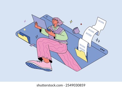 Flat vector illustration of a female character with pink hair reading a file in a digital workspace. Casual outfit, dynamic pose, surrounded by folders and documents. Isolated modern composition.