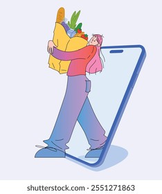 Ilustração vetorial plana de personagem feminino isolada no plano de fundo claro. Mulher segurando saco de supermercado cheio de legumes e pão emergindo de Smartphone. A cena retrata compras de supermercado on-line