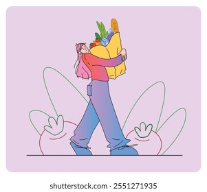 Ilustración vectorial plana de carácter femenino aislado sobre fondo claro. Mujer sosteniendo una bolsa de comestibles llena de verduras y pan. Estilo minimalista. Traje casual. La escena muestra la actividad de compras