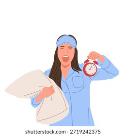 Ilustração vetorial plana de uma personagem feminina vestindo roupas de dormir, segurando travesseiro, bocejando, acordando, dormindo, bebendo e relaxando. Conceito de rotina de sono, hábitos de dormir, sono saudável, descanso, conforto, noite e estilo de vida matinal isolado no fundo branco.