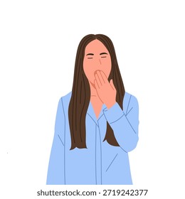 Ilustración vectorial plana de un personaje femenino que lleva ropa de dormir, sostiene la almohada, bosteza, se despierta, duerme, bebe y se relaja. Concepto de rutina de sueño, hábitos a la hora de acostarse, sueño saludable, descanso, comodidad, estilo de vida nocturno y matutino aislado sobre fondo blanco.