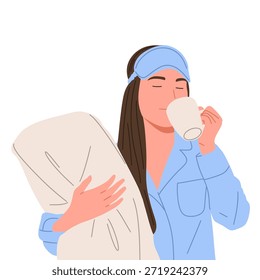 Ilustración vectorial plana de un personaje femenino que lleva ropa de dormir, sostiene la almohada, bosteza, se despierta, duerme, bebe y se relaja. Concepto de rutina de sueño, hábitos a la hora de acostarse, sueño saludable, descanso, comodidad, estilo de vida nocturno y matutino aislado sobre fondo blanco.