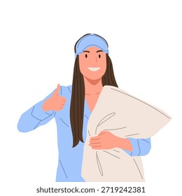 Ilustración vectorial plana de un personaje femenino que lleva ropa de dormir, sostiene la almohada, bosteza, se despierta, duerme, bebe y se relaja. Concepto de rutina de sueño, hábitos a la hora de acostarse, sueño saludable, descanso, comodidad, estilo de vida nocturno y matutino aislado sobre fondo blanco.