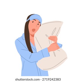 Ilustración vectorial plana de un personaje femenino que lleva ropa de dormir, sostiene la almohada, bosteza, se despierta, duerme, bebe y se relaja. Concepto de rutina de sueño, hábitos a la hora de acostarse, sueño saludable, descanso, comodidad, estilo de vida nocturno y matutino aislado sobre fondo blanco.