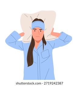 Ilustración vectorial plana de un personaje femenino que lleva ropa de dormir, sostiene la almohada, bosteza, se despierta, duerme, bebe y se relaja. Concepto de rutina de sueño, hábitos a la hora de acostarse, sueño saludable, descanso, comodidad, estilo de vida nocturno y matutino aislado sobre fondo blanco.
