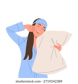 Ilustración vectorial plana de un personaje femenino que lleva ropa de dormir, sostiene la almohada, bosteza, se despierta, duerme, bebe y se relaja. Concepto de rutina de sueño, hábitos a la hora de acostarse, sueño saludable, descanso, comodidad, estilo de vida nocturno y matutino aislado sobre fondo blanco.