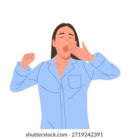 Ilustración vectorial plana de un personaje femenino que lleva ropa de dormir, sostiene la almohada, bosteza, se despierta, duerme, bebe y se relaja. Concepto de rutina de sueño, hábitos a la hora de acostarse, sueño saludable, descanso, comodidad, estilo de vida nocturno y matutino aislado sobre fondo blanco.