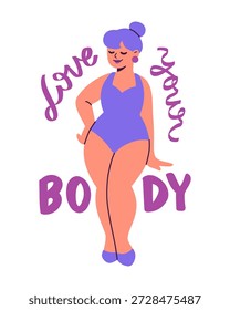 Ilustração vetor plana de personagem feminino com letra de mão frase 'Ame seu corpo'. Corpo positivo, ame-se, autoamor conceito de afirmação. Clip-art para adesivo, cartão, mídia social.