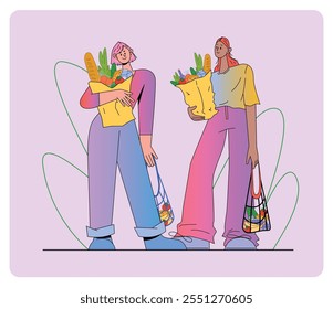 Flat Vector Illustration of Female Characters Holding Grocery Bags and Mesh Bags Filled with Vegetables and Bread. Scene Depicts Grocery Shopping Activity in Casual Outfits.