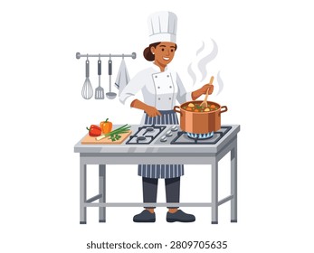 A flat vector illustration of a female chef wearing a uniform and toque cooking a meal in a steaming pot on a commercial stove. This culinary professional graphic acts as a strong visual element for restaurant marketing and culinary school promotions