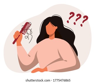 Flat vector illustration of a female with a comb in hand. Hair loss, alopecia in young age, hair problems, baldness.