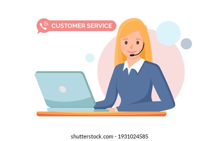 Flat Vector Illustration Of A Female Customer Service Woman Working In Front Of A Laptop. Suitable For Design Element From Emergency Call Service, Online Information Center, Hotline Number Response.