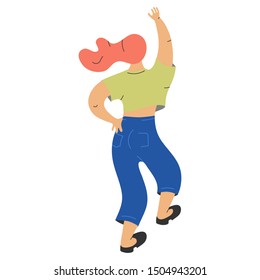 Flat vector illustration of female dancer character having fun. Happy person moving on white background. Colorful hand drawn drawing in modern cartoon style. Woman dancing pose.