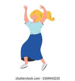 Flat vector illustration of female dancer character having fun. Happy person moving on white background. Colorful hand drawn drawing in modern cartoon style. Woman dancing pose.