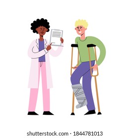 Flat vector illustration of female doctor showing document and talking to patient patient with broken leg isolated on white. Healthcare service, therapists appointment for poster, website, magazine.