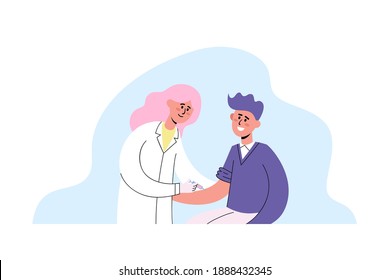 Flat vector illustration of female doctor giving shot of vaccine or insulin to patient isolated on white. Healthcare service, therapists appointment for poster, website, magazine.
