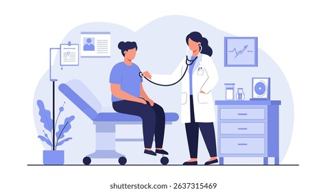 Flat vector illustration of a female doctor examining a patient with a stethoscope in a clinic or hospital room. Ideal for medical checkups and healthcare