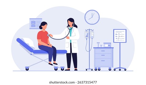 Flat vector illustration of a female doctor examining a patient with a stethoscope in a clinic or hospital room. Ideal for medical checkups and healthcare