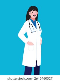 Flat vector illustration of a female doctor character with stethoscope. Great for healthcare design, hospital ads, educational content, or character branding in medical topics.