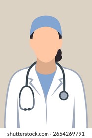 Flat vector illustration of a female doctor with stethoscope, wearing a white coat. Ideal for medical apps, healthcare designs, hospital websites, clinic posters, and Doctor’s Day projects.