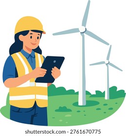 A flat vector illustration of a female engineer wearing a safety helmet and vest using a tablet while inspecting wind turbines in a green field.