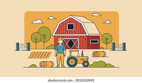 A flat vector illustration of a female farmer standing in front of a red barn with a tractor and hay bales in a rural farm setting.