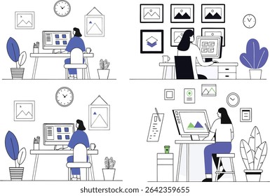 Flat vector illustration of a female graphic designer working on creative projects. Ideal for design, freelance, digital art, and creative profession themes.
