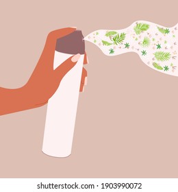 Flat vector illustration of a female hand holding a dispenser and spraying flowers, buds, leaves. Flower spray or air freshener.