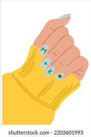 Ilustración vectorial plana de una mano hembra con manicura en un suéter. Manicura de diseño divertida. Elegante ilustración de moda para el diseño de estilo de vida.