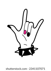 Flat vector illustration of female hand in rock gesture. Black and pink gamma.